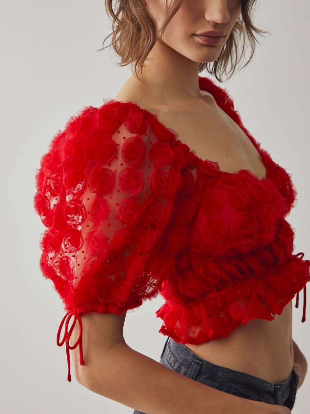 For Love & Lemons Hannah Crop Top Red Rosette Floral Puff Sleeve XXS NWT